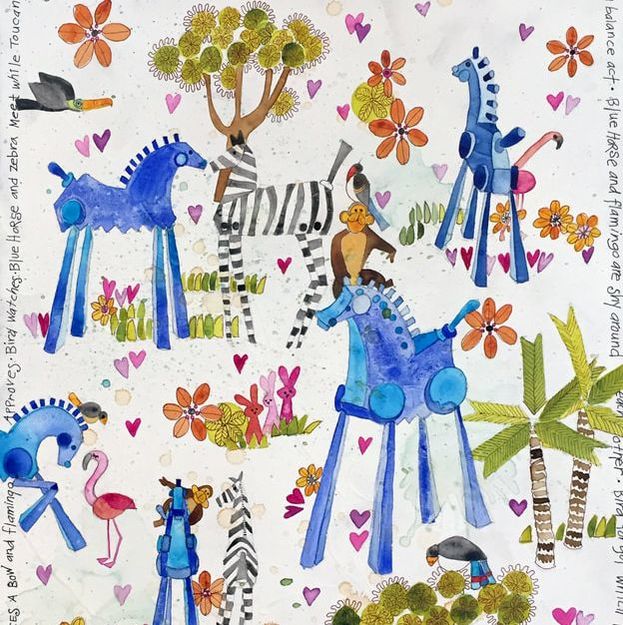 blue horse, zebra, monkey and toucan all in a child like setting