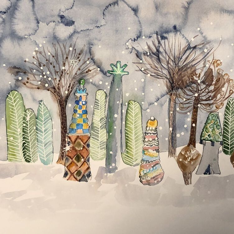fantasy winter scene with colorfully decorated trees in snow