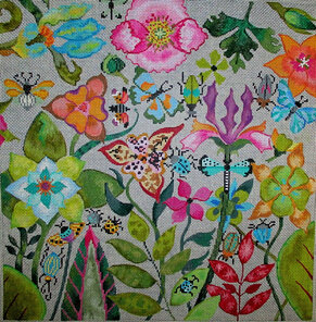 needlepoint canvas of bug and blooms in many colors