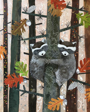 twin racoons holding on to a tree in a forest of fall leaves