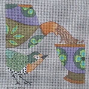 needlepoint canvas of a colorful bird watching a teapot pour tea into a cup 6x6