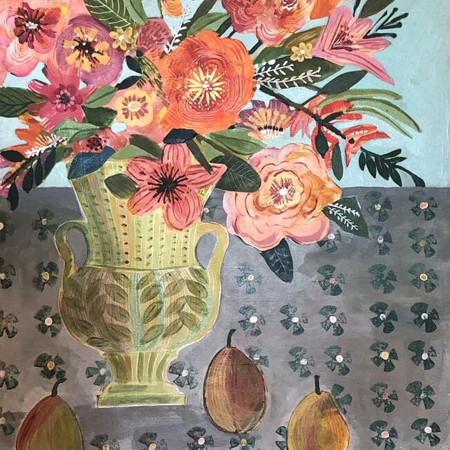 vase in yellow and green with pink, and peach flowers with pears in the foreground