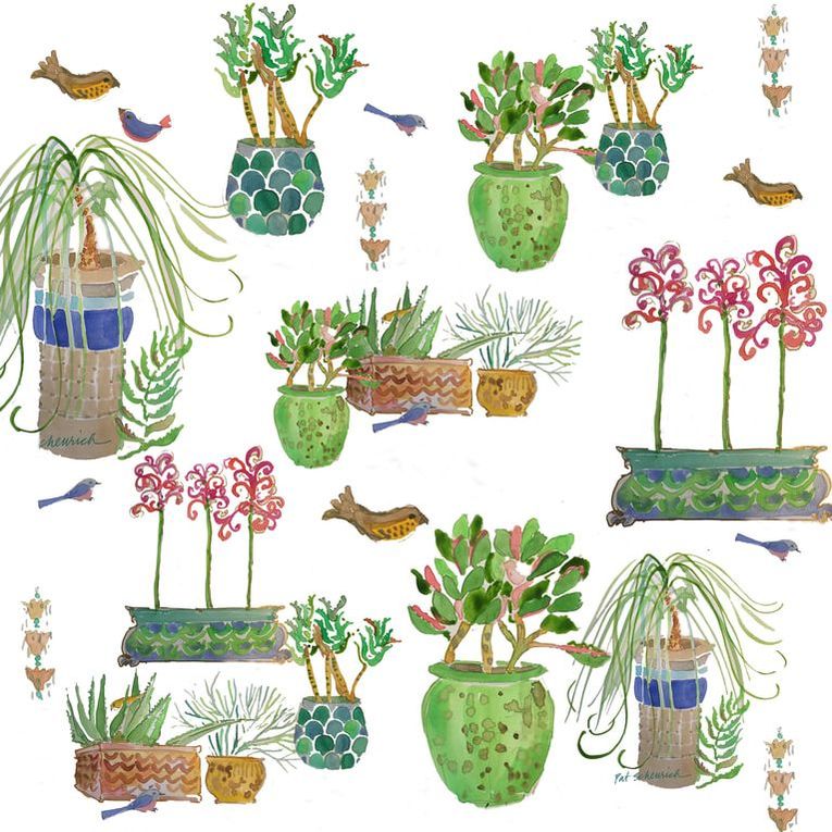 succulents scattered on light ground with terra cotta pots and little birds