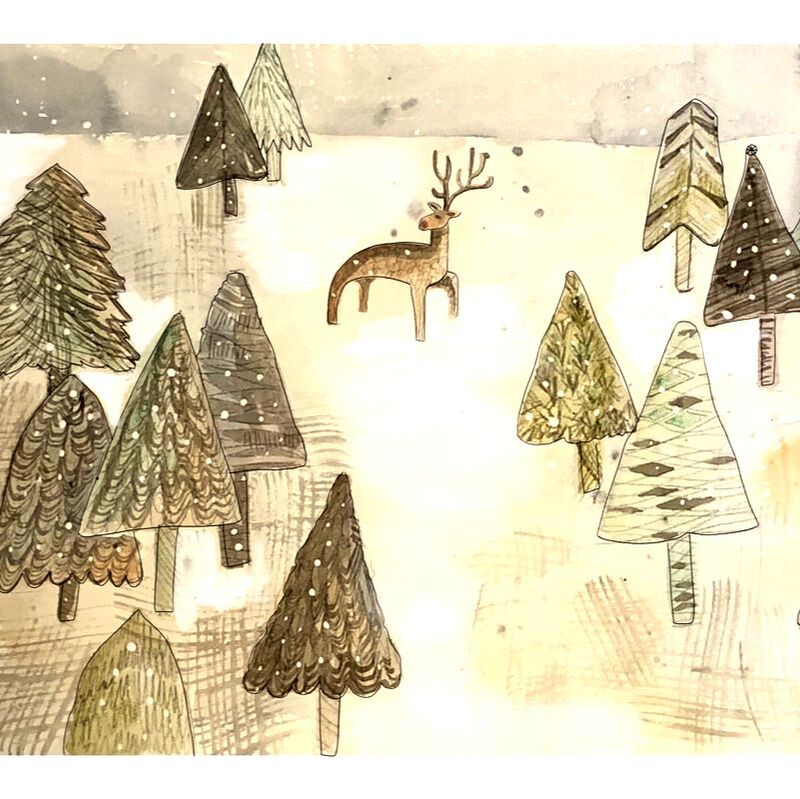  a deer on a snow night with trees of every shape