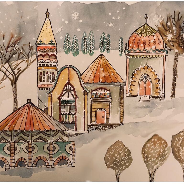 winter scene from a fairy tale group of colorful buildings